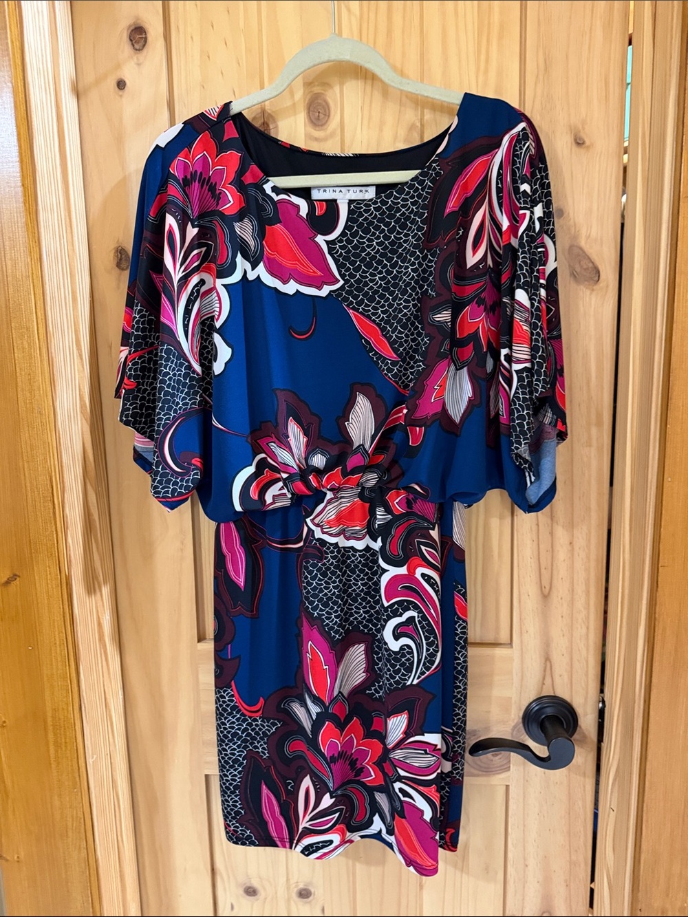 Trina Turk Blue Floral Flutter-Sleeve Mini Dress 2 EUC